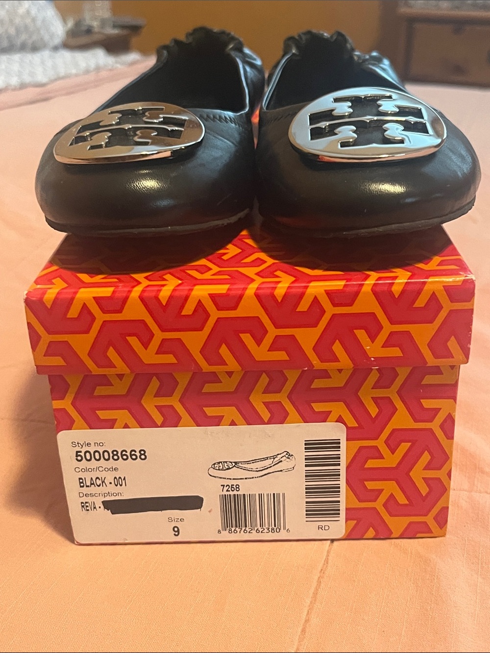 Tory Burch - Reva Black Leather Ballet Flats with Silver Logo